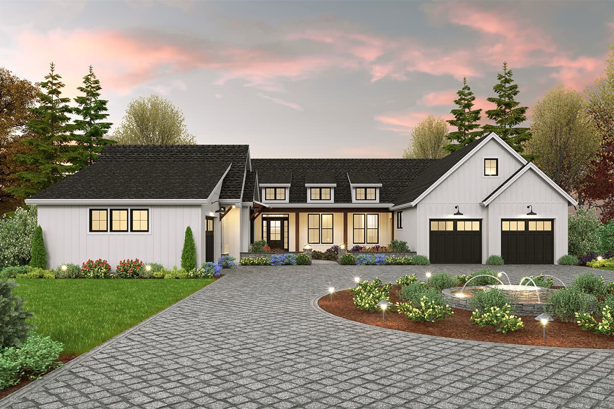 Modern Farmhouse house plan exterior with a covered front porch, dormers, and a detached three-car garage.