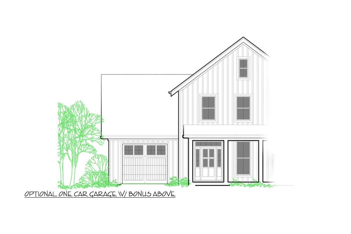 House plan exterior drawing with board and batten siding, dormer windows, and optional one-car garage.