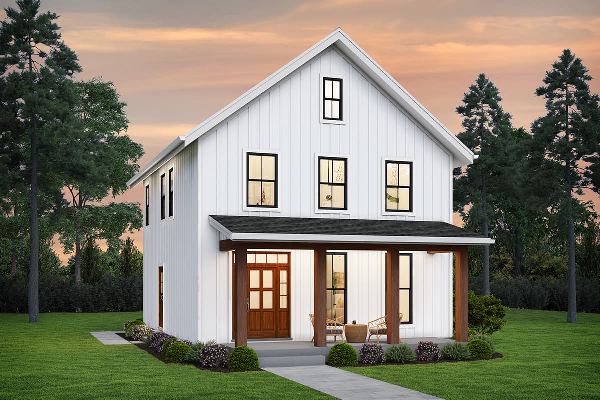 House plan exterior. Two-story Modern Farmhouse with a gabled roof, covered porch, and board-and-batten siding.