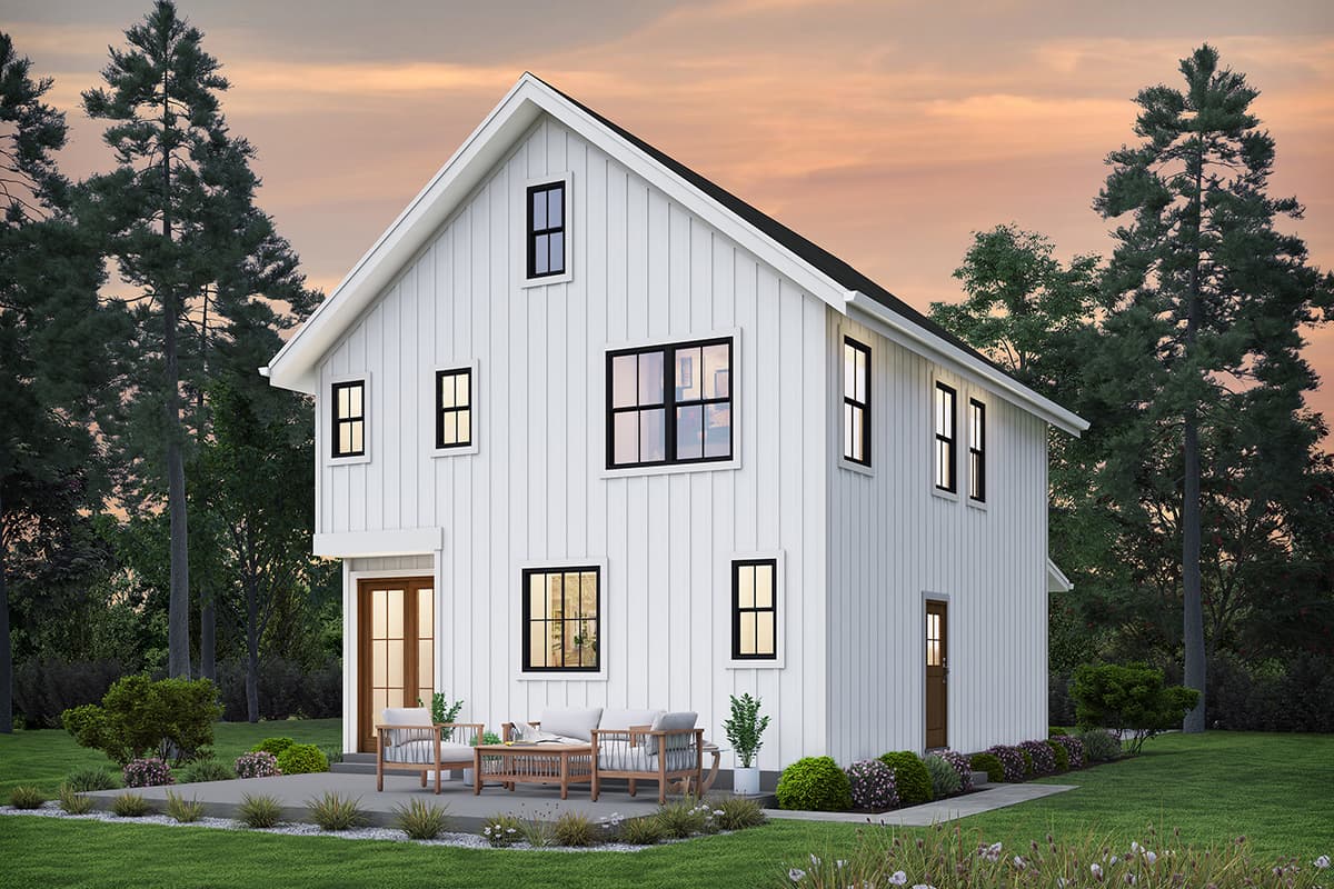 Modern Farmhouse house plan exterior, two stories, vertical siding, gabled roof, front porch, and numerous windows.