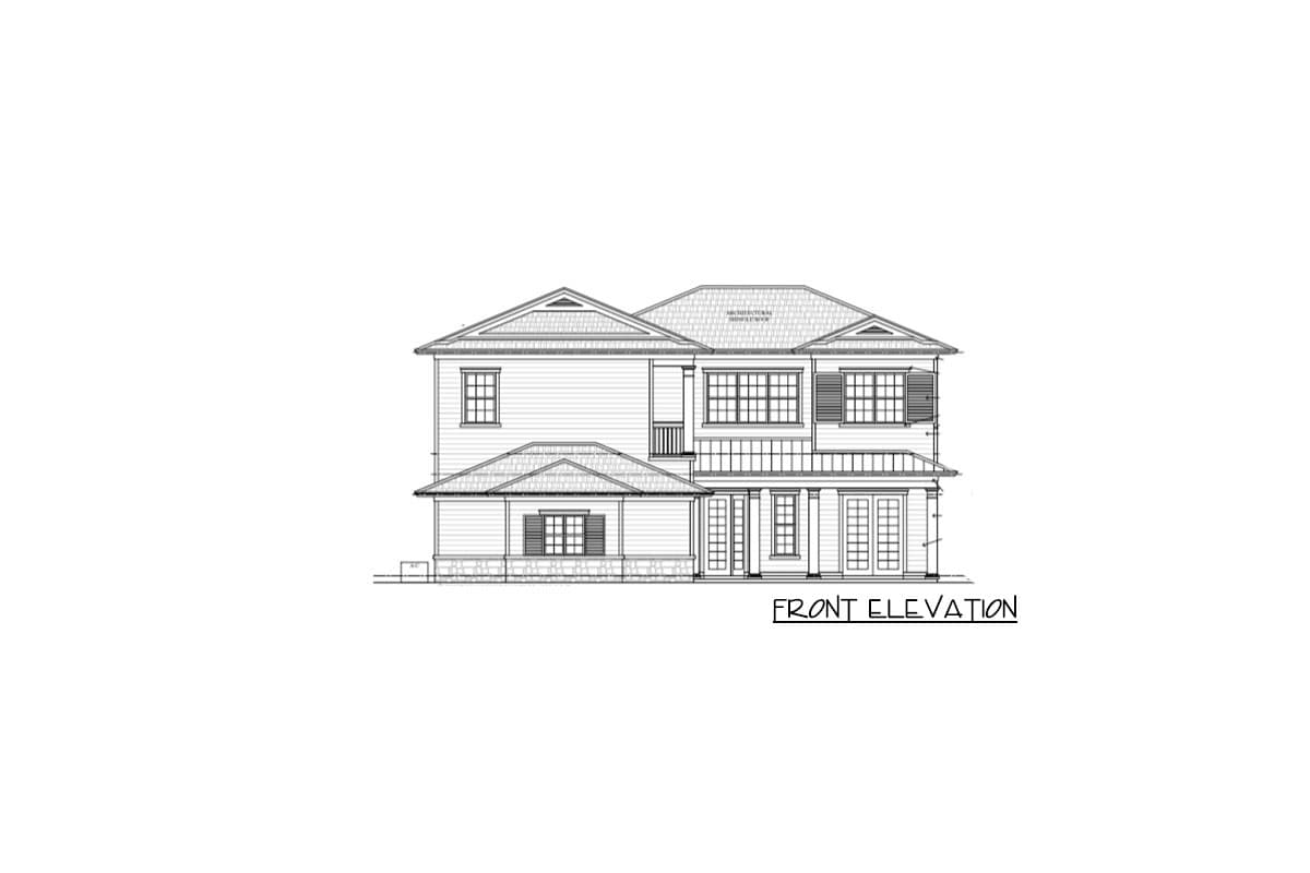 Front elevation drawing of a two-story house with gables, dormers, multiple windows, and a covered porch.