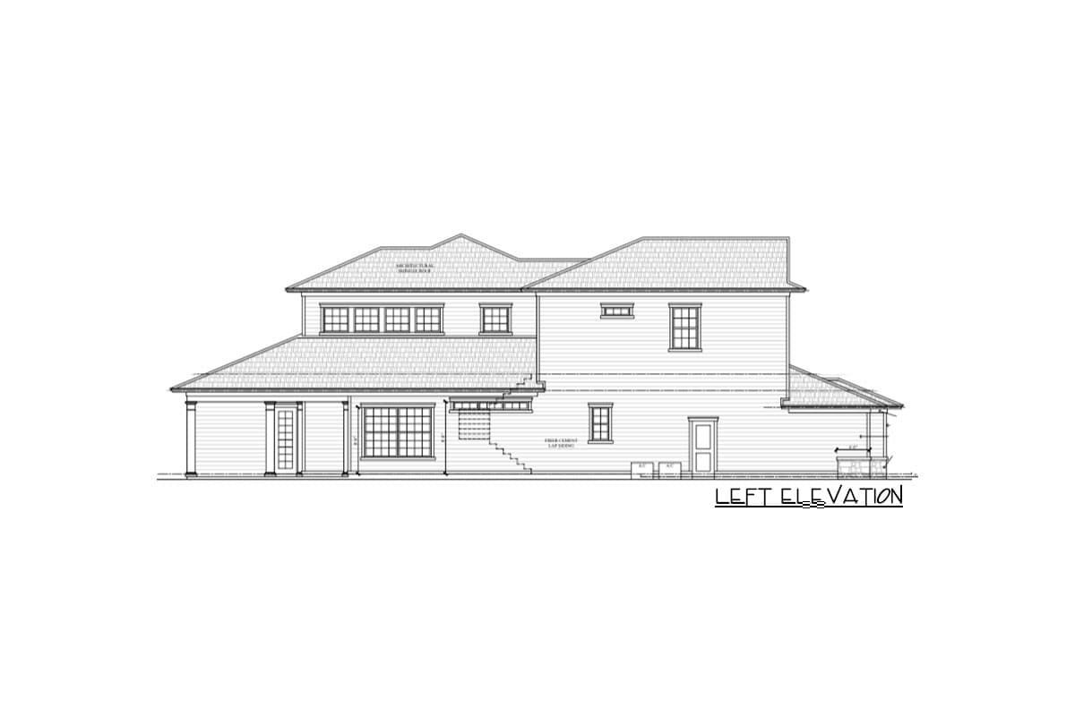 Left elevation house plan showing a two-story structure with varied rooflines, multiple gables, and numerous windows.
