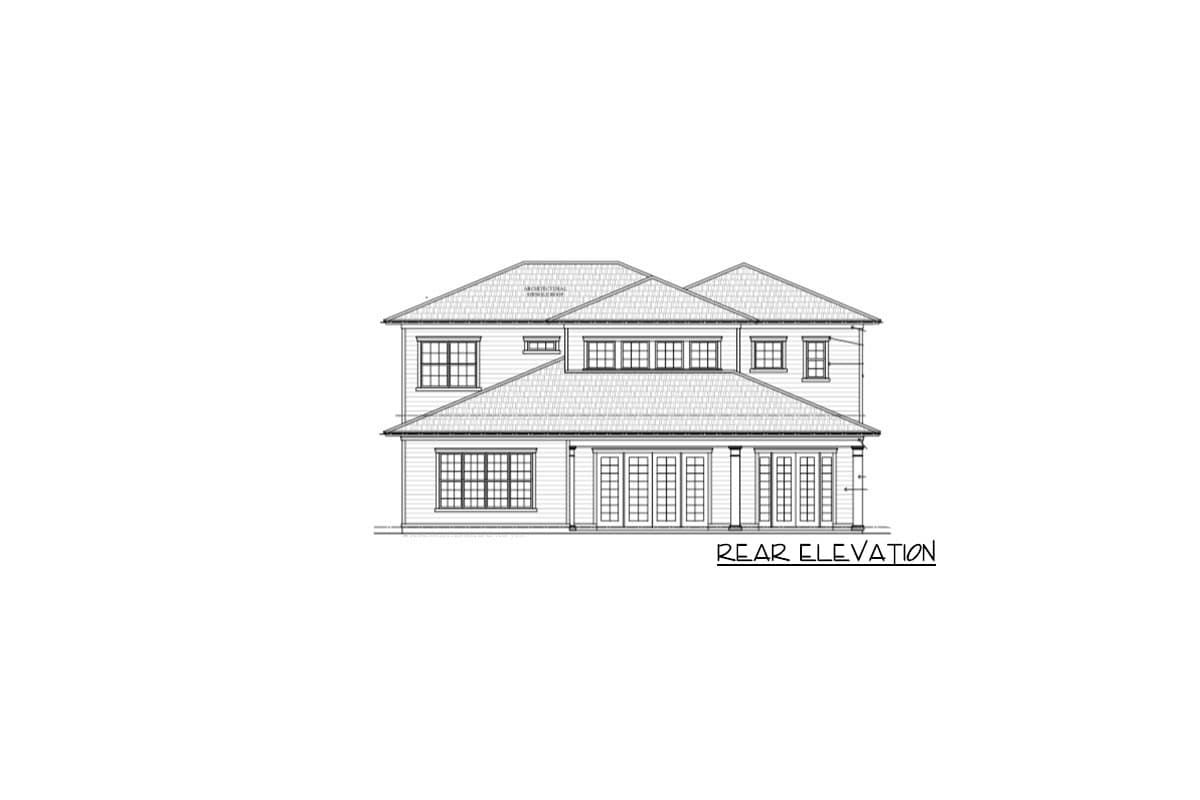 Rear elevation drawing of a two-story house with multiple gables, a covered patio, and numerous windows.