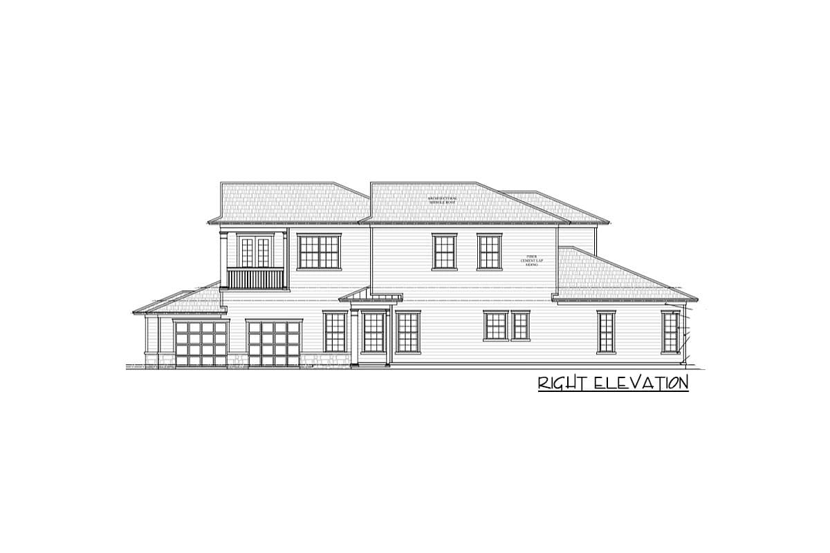 Right elevation drawing of a two-story house plan with a multi-pitched roof, garage, covered entry, and upper-level balcony.