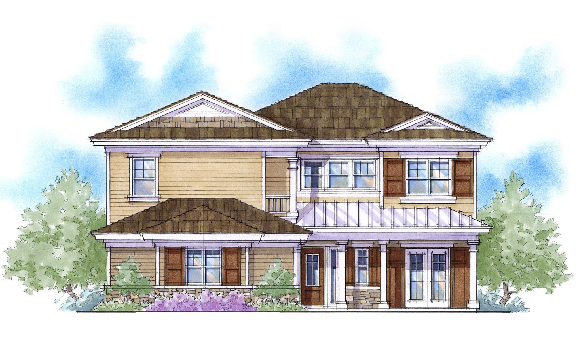 House plan exterior: two-story home with multiple gables, stone foundation, prominent chimneys, and a covered front porch.