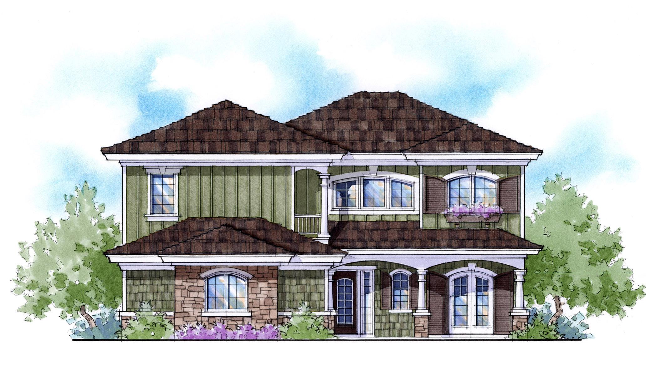 House plan exterior: two-story residence with stone base, vertical siding, arched windows, prominent gables, and covered front porch with columns.