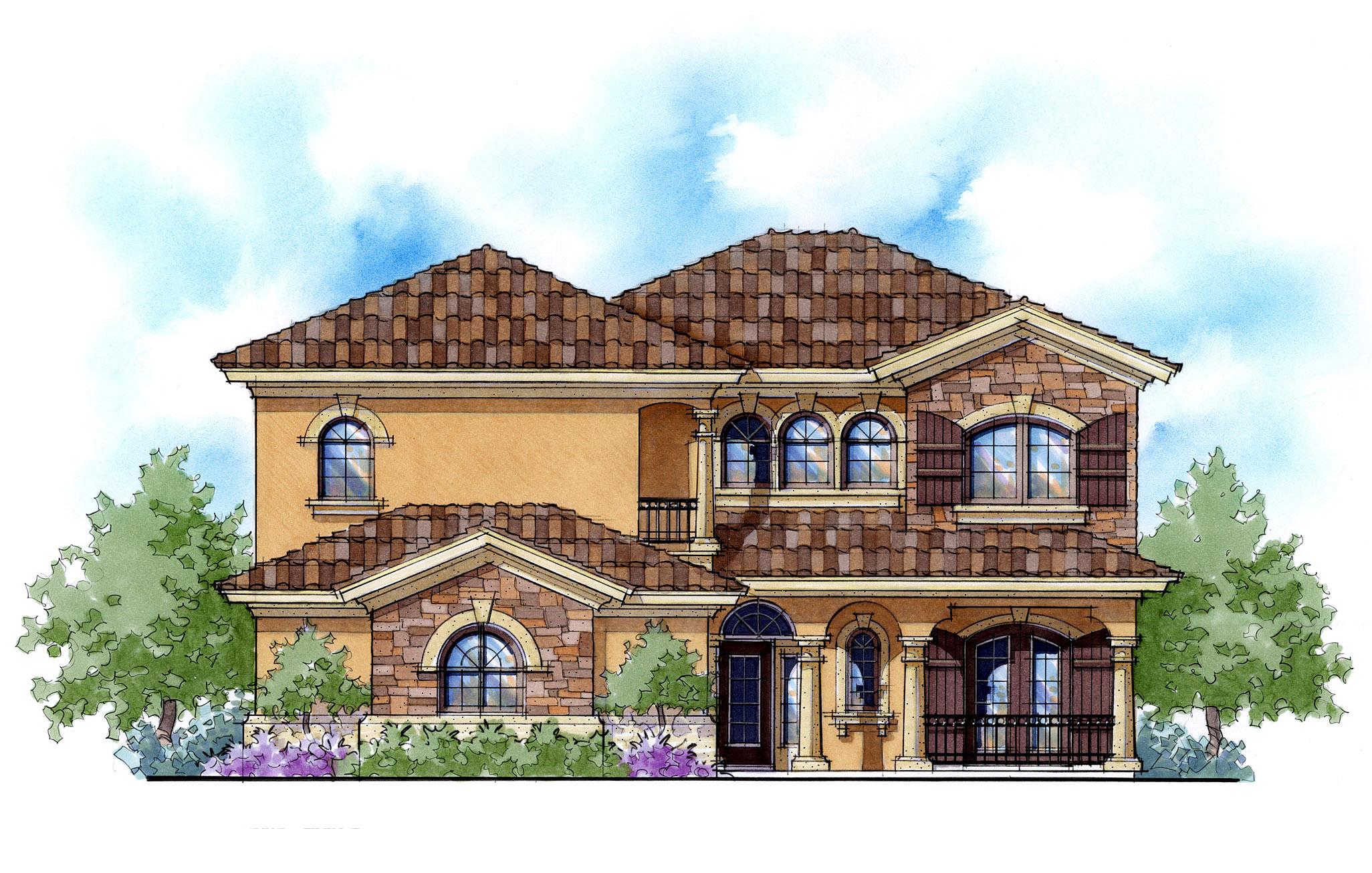 House plan exterior rendering: Two-story Mediterranean style with arched windows, tile roof, stone accents, and a covered entry.