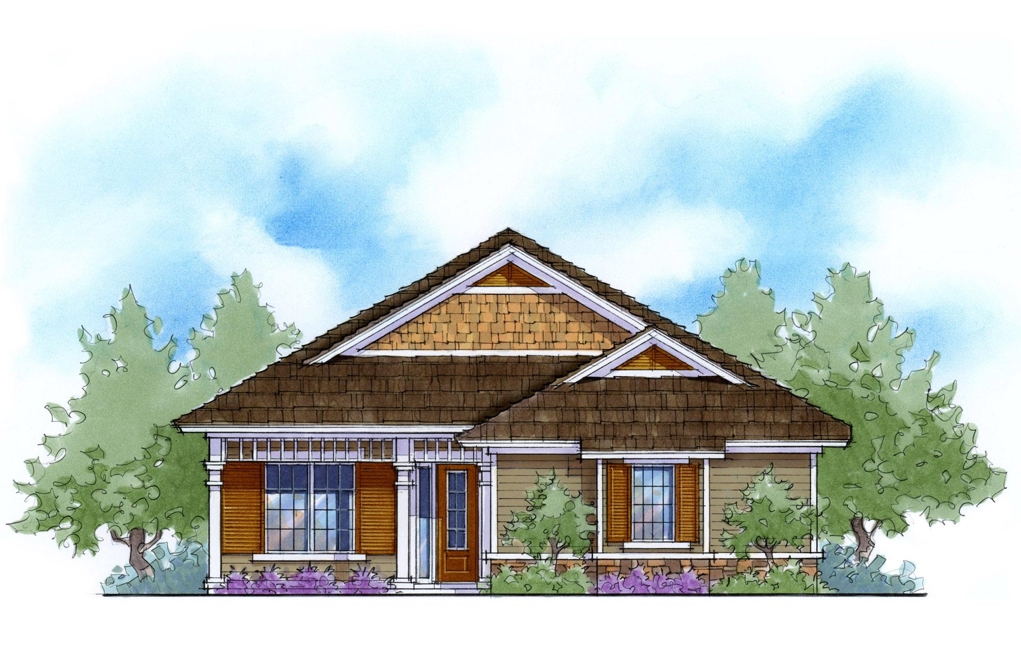 Craftsman style house plan exterior with a prominent gable, shaker shingles, wide eaves, and a covered front porch.