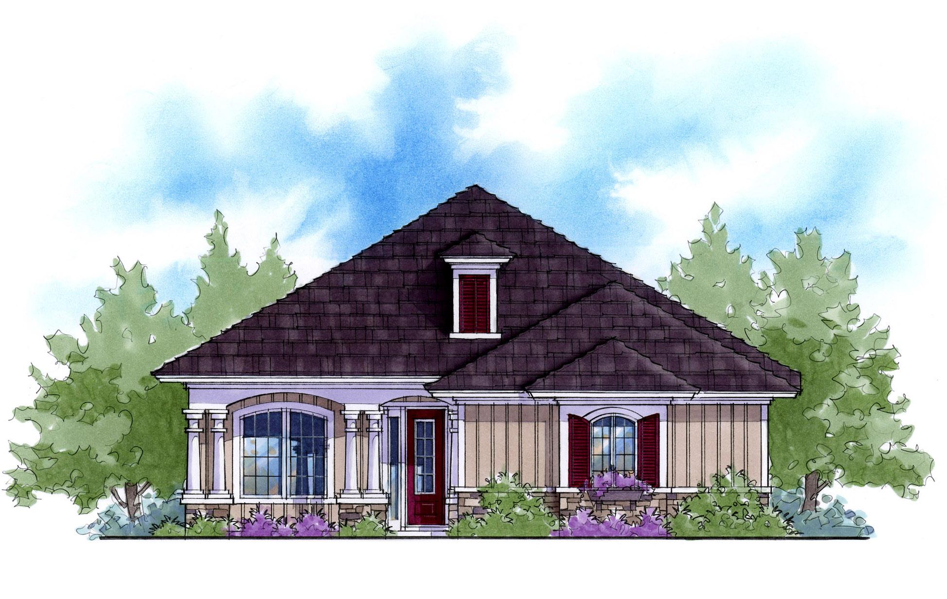 House plan exterior: One-story home with dark shingled roof, central dormer, arched window, and red front door with columns.