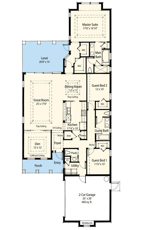 Plan 33101ZRX: 2200 Sq Ft Narrow Lot Mediterranean-style House Plan - Floor Plan - Main Level - European, Mediterranean