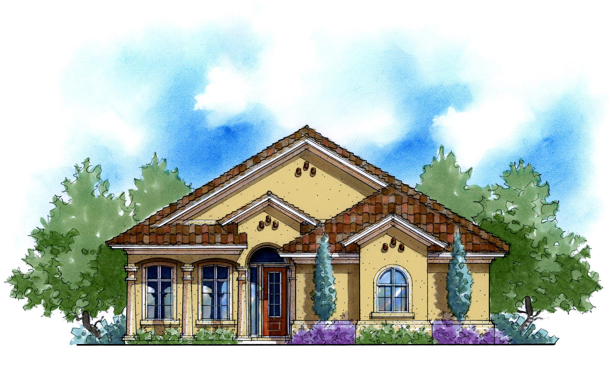 House plan exterior, one story, Mediterranean style with arched windows, tile roof, and prominent gables.