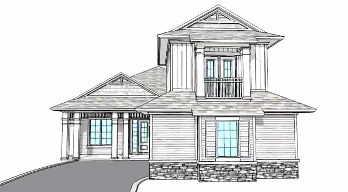 House plan exterior: two-story, asymmetrical facade with stone base, prominent gables, covered entry with columns, and upper balcony.