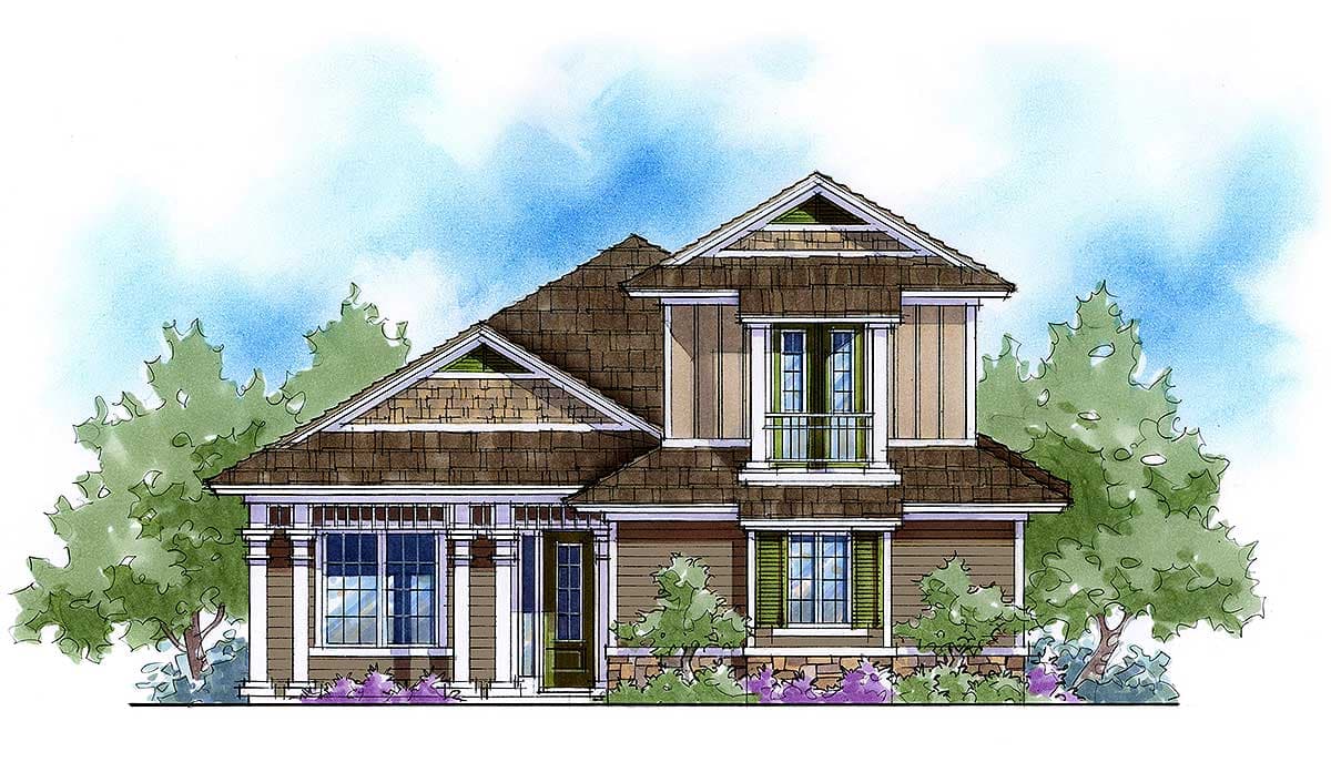 House plan exterior: Two-story home with shingle siding, prominent gables, covered entry porch, and second-story balcony.