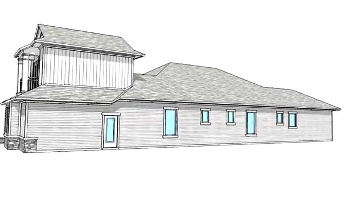 House plan exterior: Single-story design with a two-story section featuring a Juliet balcony, gables, and vinyl siding.