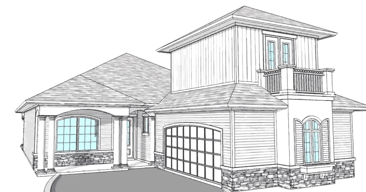 House plan exterior: Two-story design with a prominent second-story balcony, arched garage door, and stone accents.