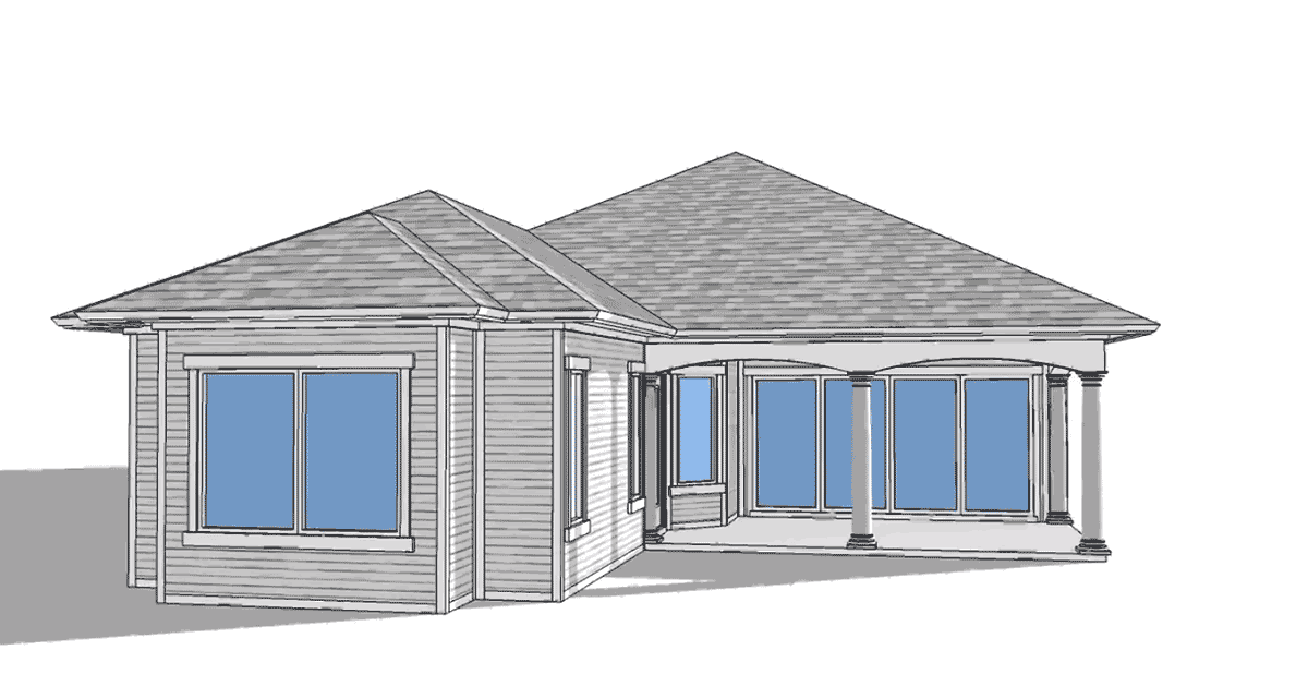House plan exterior of a single-story home with a hipped roof, siding, large windows, and a covered porch supported by columns.