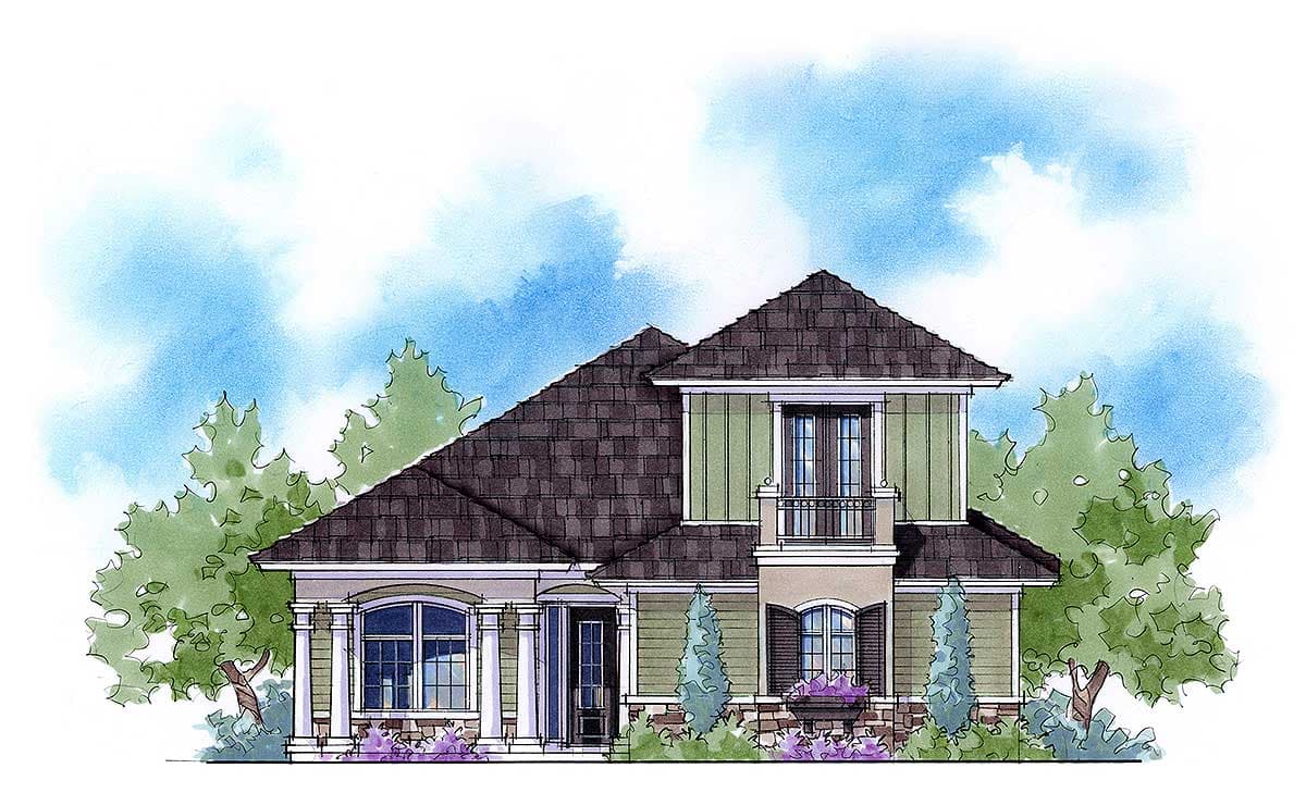 House plan exterior: Two-story home with a hipped roof, prominent dormer, covered entry, and second-story balcony.