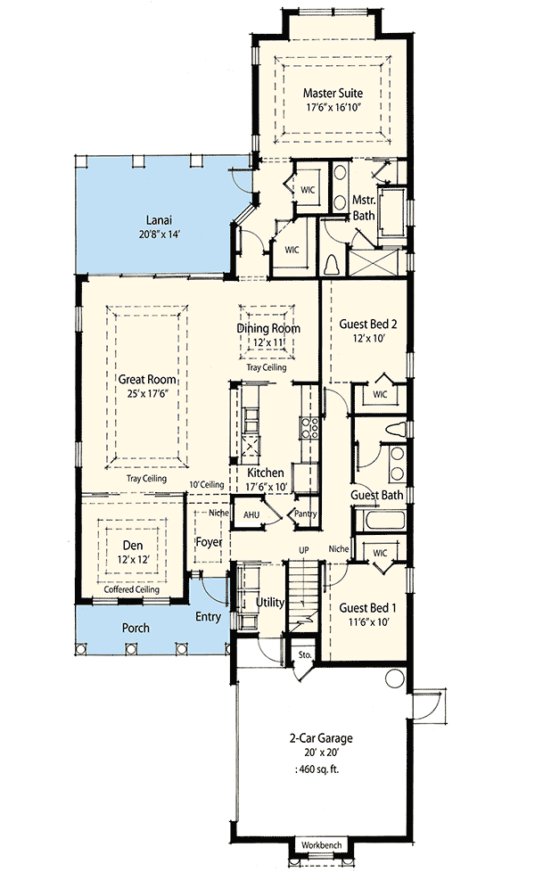 Plan 33103ZRX: House Plan for Narrow Lot with Bonus Room - Floor Plan - Main Level - European, Southern