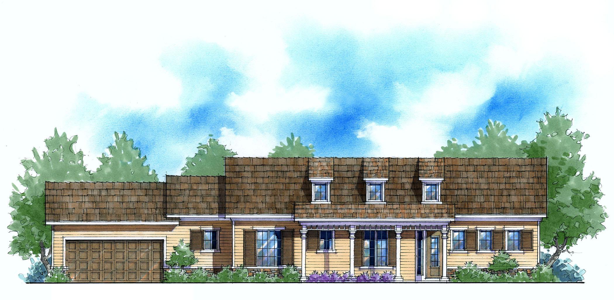 House plan exterior. Single-story home with attached garage, hip roof, dormers, and covered front porch with columns.