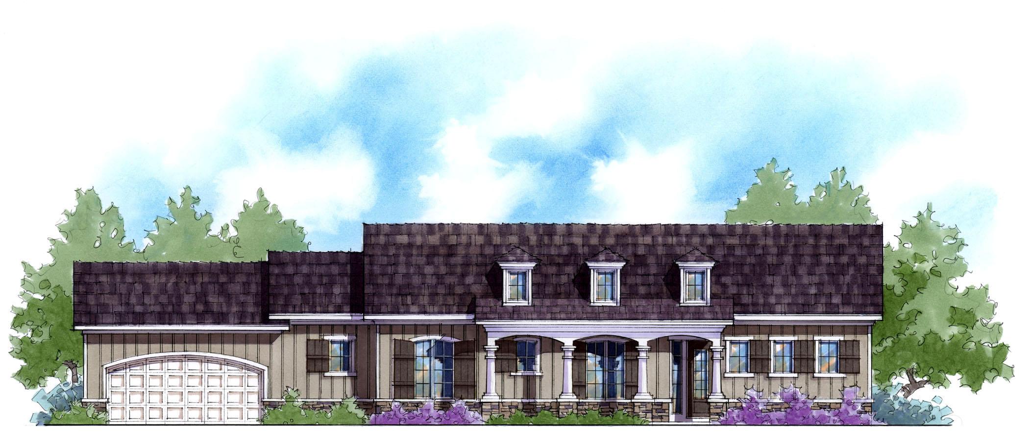 House plan exterior: Two-story home with a covered porch, three dormers, and an attached side-facing garage.