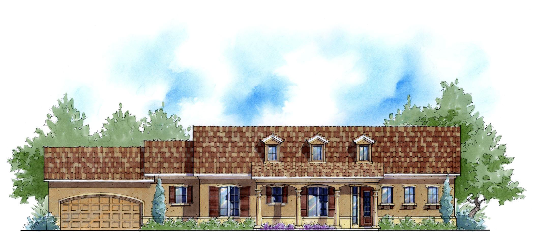 House plan exterior: Mediterranean style, one story, with arched garage door, arched portico, and dormer windows.