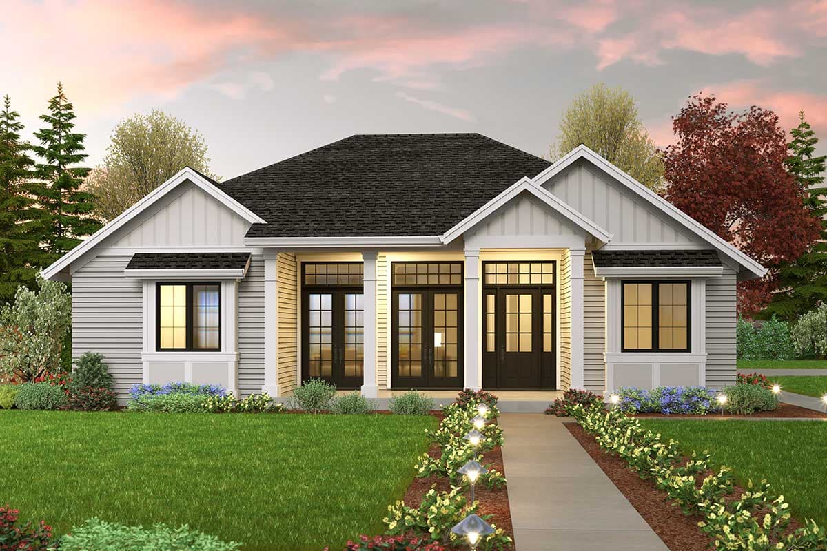 House plan exterior. Single-story Craftsman home with gabled roof, porch with columns, and multiple double doors. Features multiple windows.