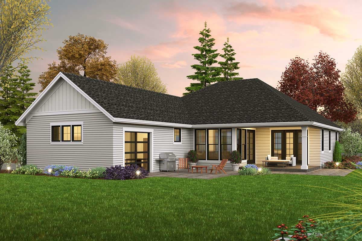 House plan exterior, L-shaped, one-story with gable roof, vinyl siding, attached garage, and covered patio.