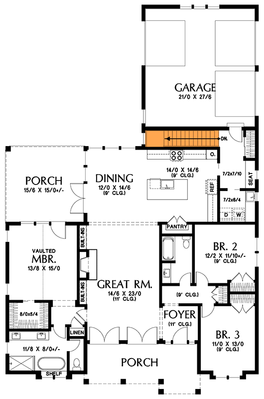 Plan 69789AM: New American Ranch Home Plan with Side-Entry Garage in Back - 1900 Sq Ft - Floor Plan - Basement Stairs Location - Craftsman, New American, Ranch, Transitional