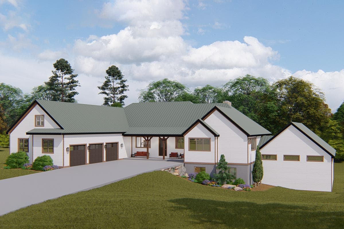 House plan exterior. Ranch style with a low-slope roof, multiple gables, a three-car garage, and a covered porch.