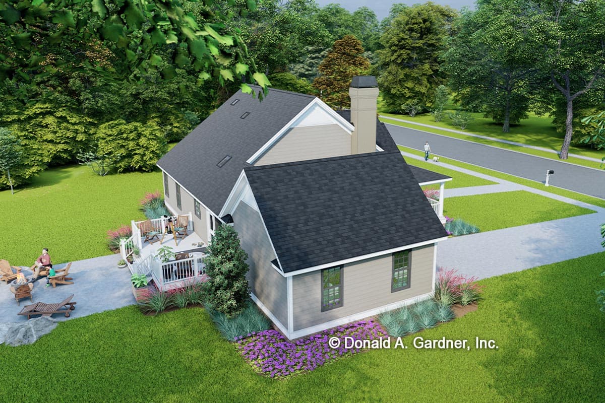 House plan exterior: Two-story home with gabled dormers, side-facing garage, and wraparound porch.