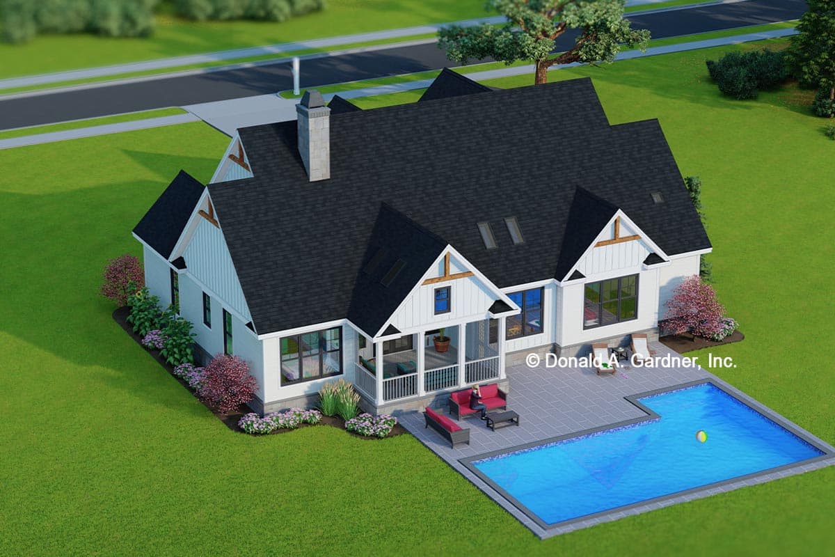 House plan exterior: Modern Farmhouse style, two stories, gabled dormers, stone chimney, and covered porch.