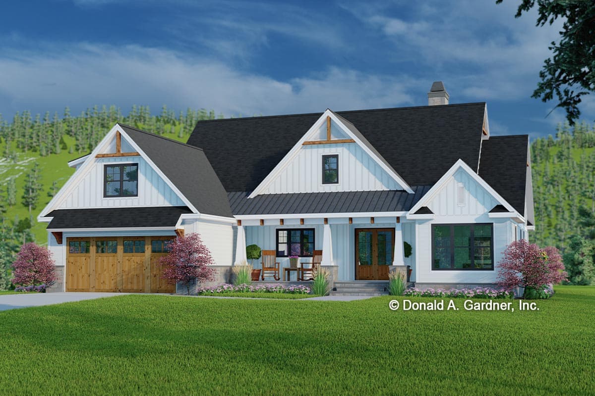 House plan exterior. Modern Farmhouse style, two-story home with gables, a covered porch, and a side-entry garage.