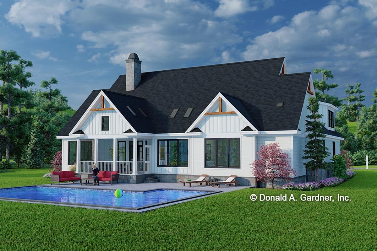 House plan exterior: Modern Farmhouse style, two stories, front porch, gables with exposed beams, dormers, and dark-trimmed windows.