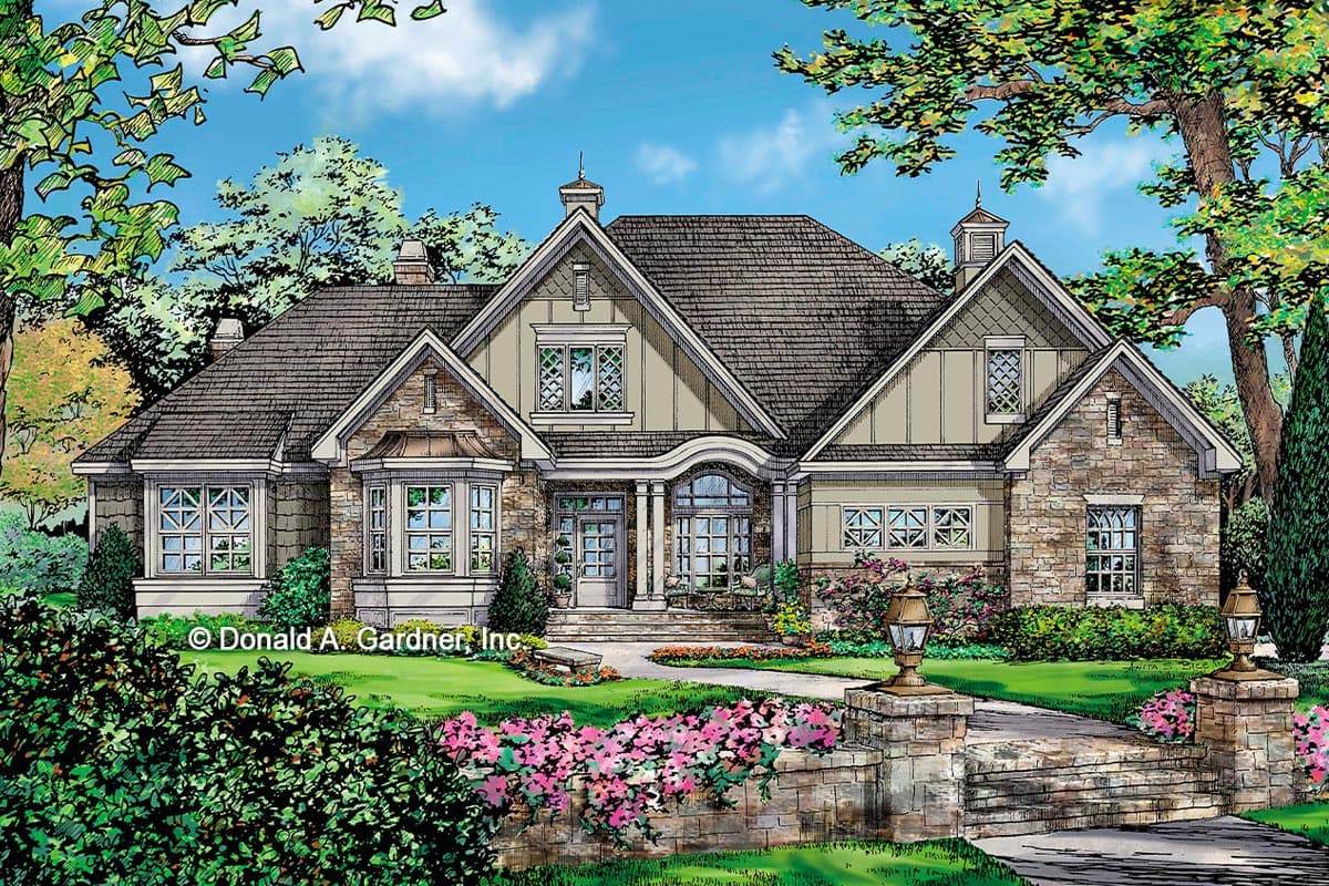 House plan exterior with stone accents, multi-level rooflines, bay window, and covered entry with arched window above.