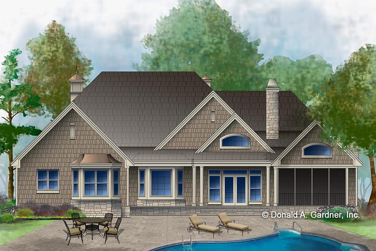 House plan exterior rendering shows a multi-story home with gables, dormers, bay window, columns, and screened porch.