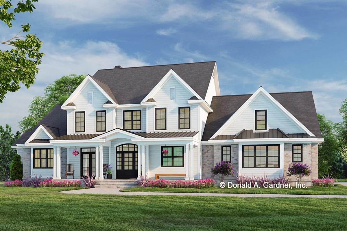 House plan exterior rendering. Two-story, farmhouse style home with front porch, gables, and multiple rooflines.