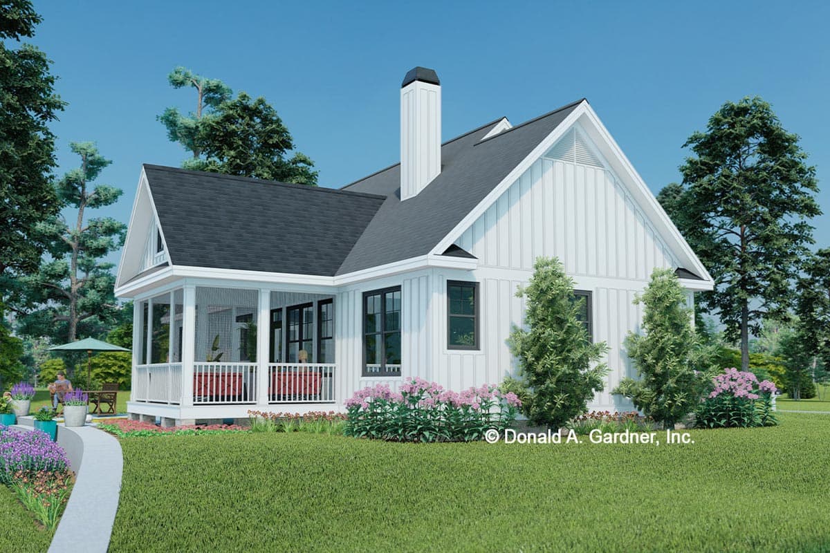 Modern Farmhouse house plan exterior with board and batten siding, a covered porch, and gabled dormers.