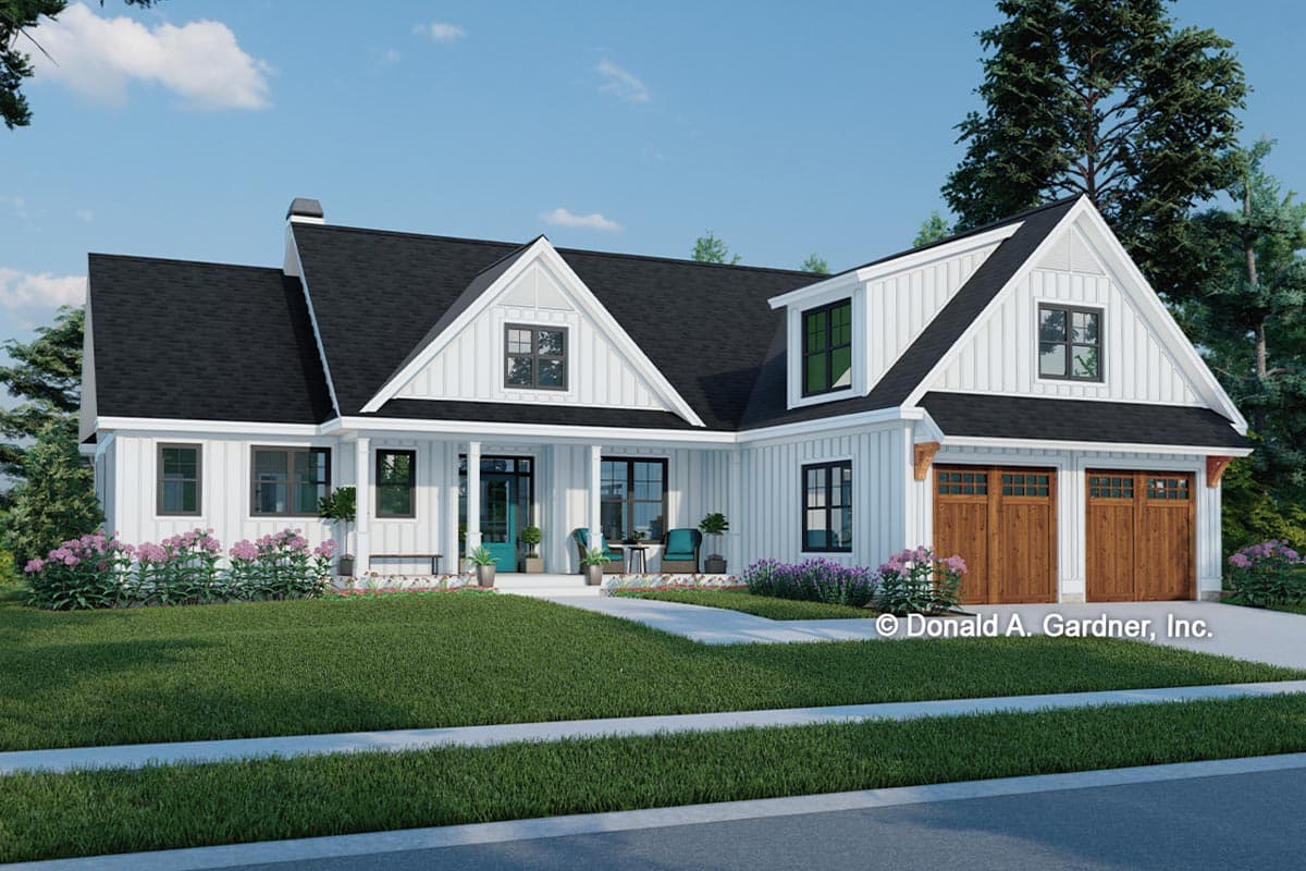 Modern Farmhouse house plan exterior with two stories, gabled roof, dormers, and attached garage. Includes a covered porch and vertical siding.
