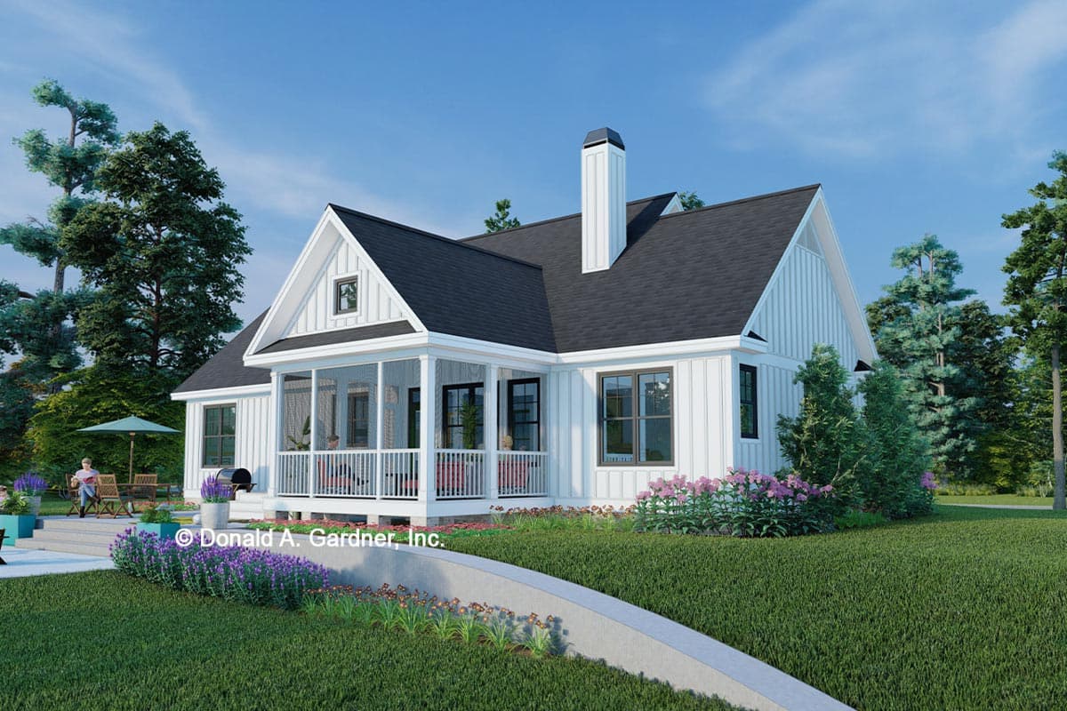 Modern Farmhouse house plan exterior with screened porch, prominent chimney, gables, and board-and-batten siding.