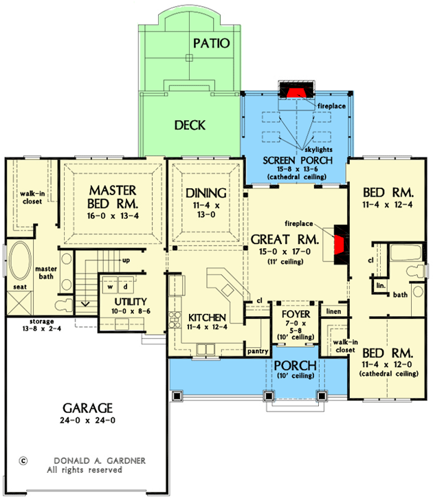 Plan 444038GDN: Country Ranch Plan with Screened Porch and Split-bed Layout - Floor Plan - Main Level - Country, Ranch, Traditional