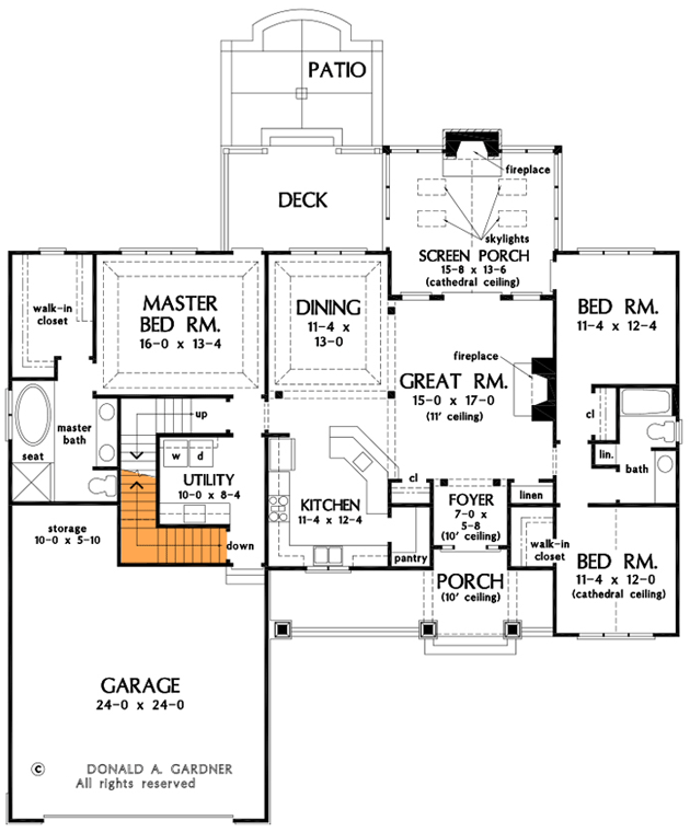 Plan 444038GDN: Country Ranch Plan with Screened Porch and Split-bed Layout - Floor Plan - Basement Option - Country, Ranch, Traditional