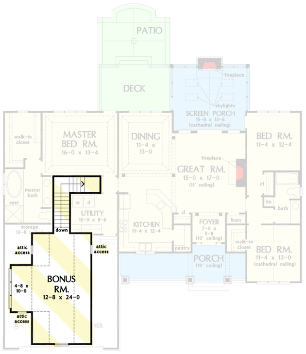 Plan 444038GDN: Country Ranch Plan with Screened Porch and Split-bed Layout - Floor Plan - Bonus Room - Country, Ranch, Traditional