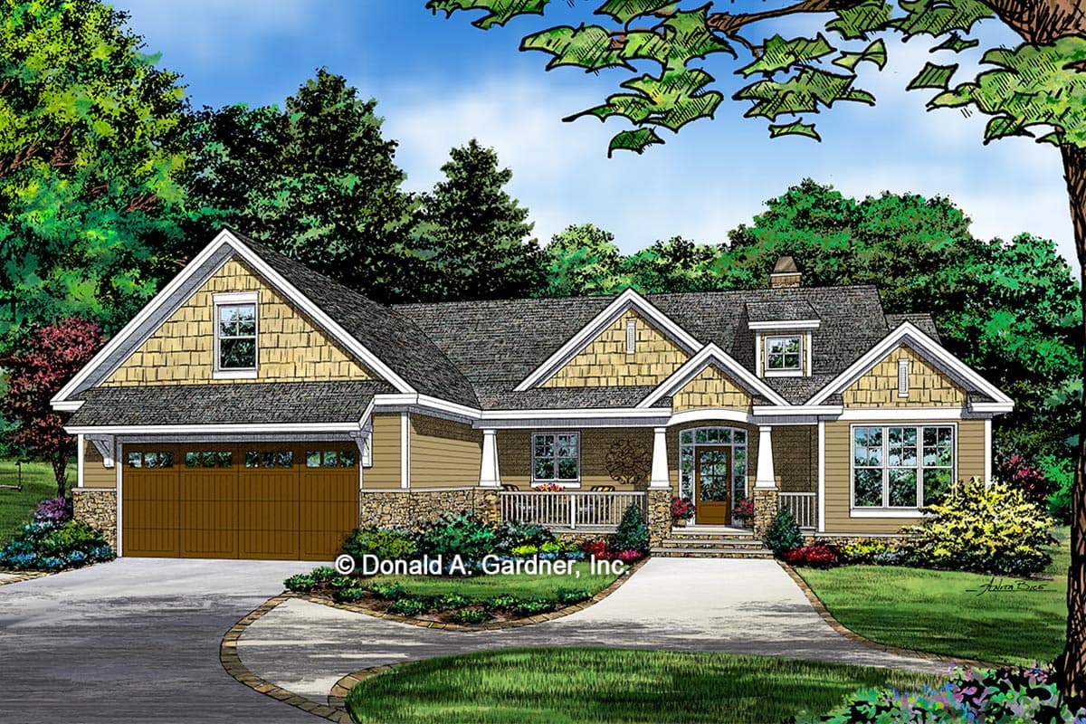 House plan exterior: Craftsman style, 1-story with gabled dormers, a covered front porch, and a 2-car side-entry garage.