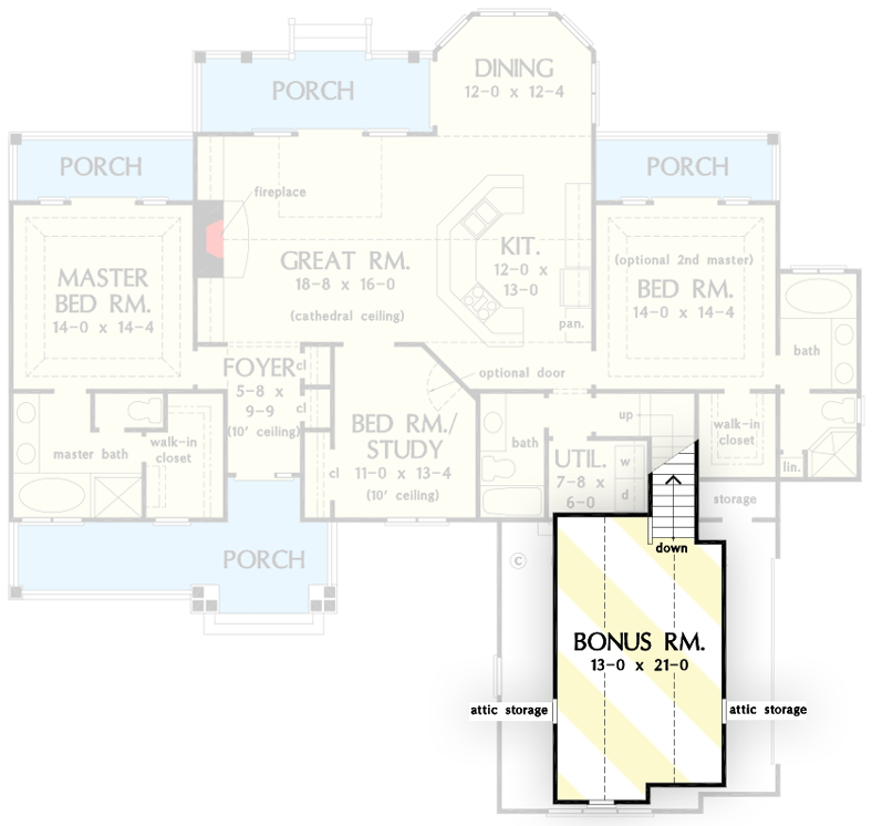Plan 444039GDN: Dual Master Ranch Home Plan with 18' Cathedral Ceiling - 1792 Sq Ft - Floor Plan - Bonus Room - Ranch, Traditional