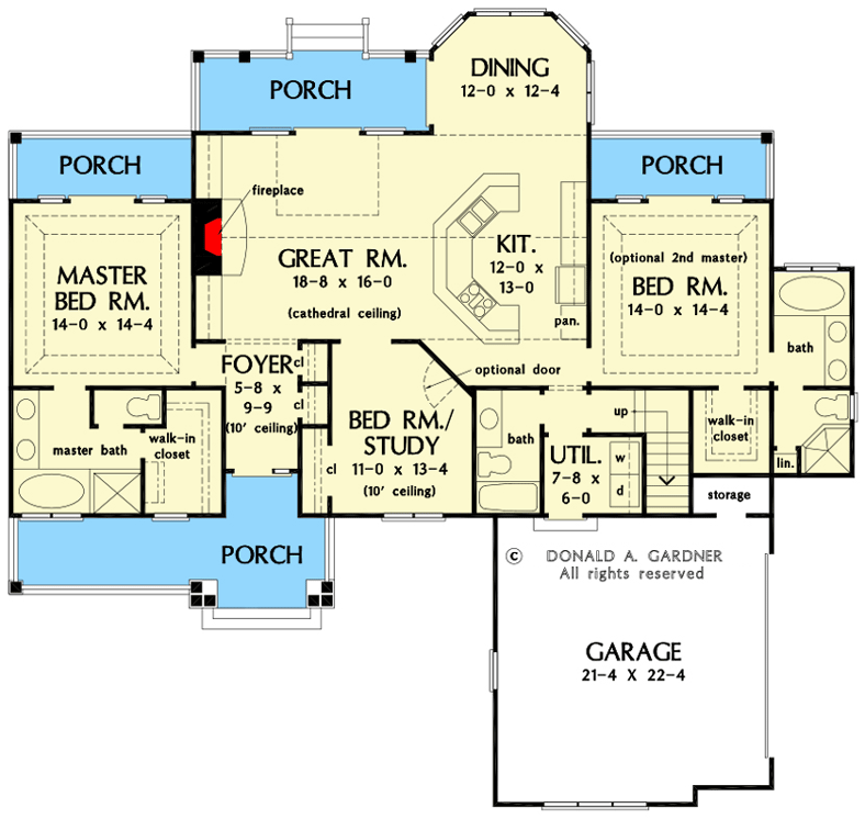 Plan 444039GDN: Dual Master Ranch Home Plan with 18' Cathedral Ceiling - 1792 Sq Ft - Floor Plan - Main Level - Ranch, Traditional