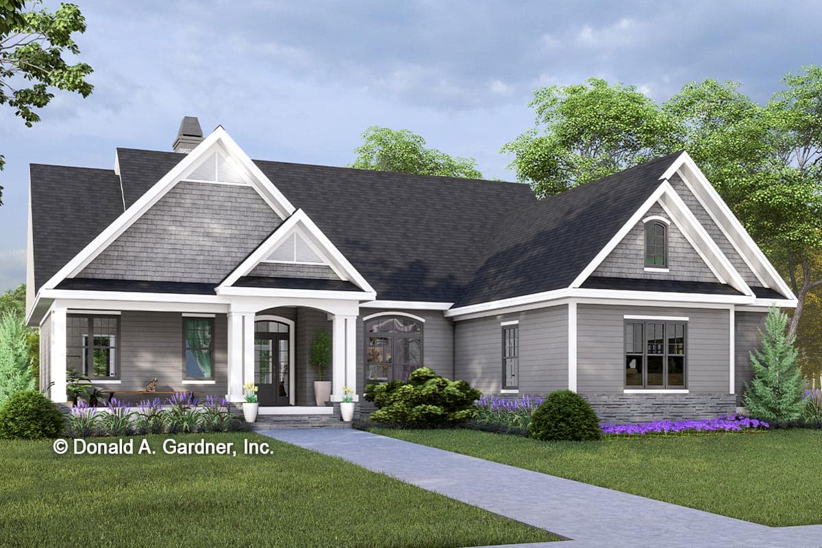 House plan exterior with Craftsman style. Features include a front porch, gabled rooflines, and decorative gable vents. One-story home.