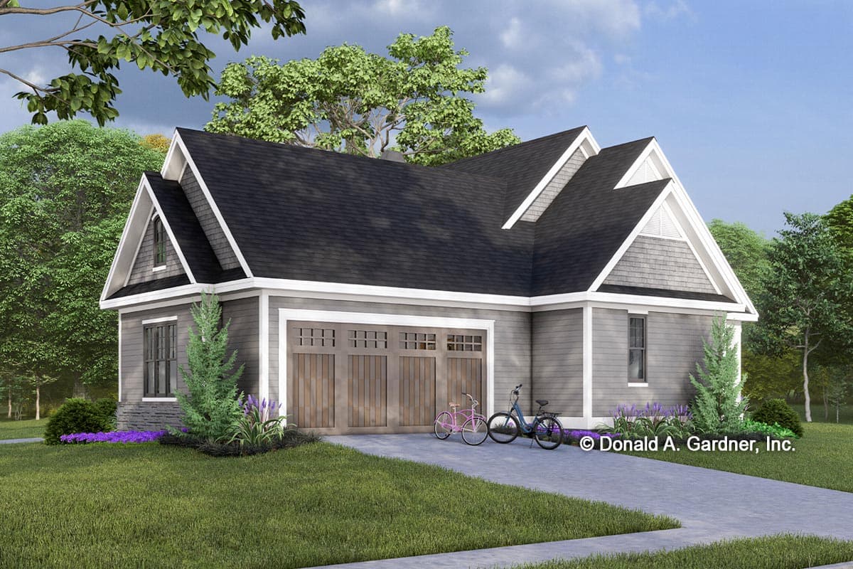House plan exterior: Modern Farmhouse style with multiple gables, a three-car garage, and shingle and lap siding.