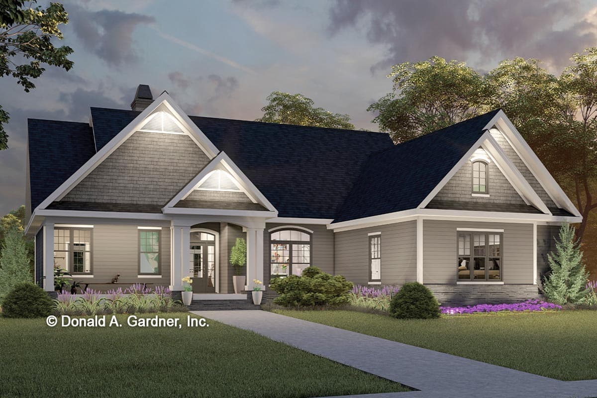 House plan exterior: one-story Modern Farmhouse with gabled dormers, a covered front porch with columns, and stone accents.