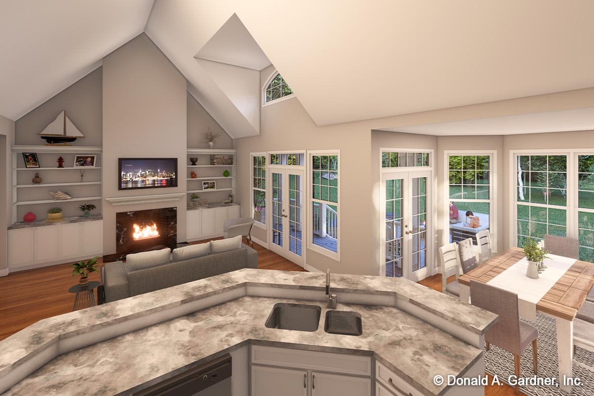 Interior rendering of a great room with vaulted ceiling, fireplace, built-in shelving, and dining area with large windows.