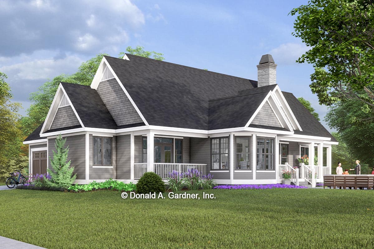 House plan exterior: Modern Farmhouse style, one story, with gabled dormers, wrap-around porch, and side-entry garage.